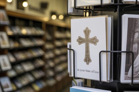 Condolence card with In your time of loss text and religious cross displayed in a card rack at a