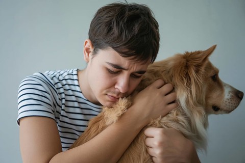 Young worried man hugging his pet dog. Shows emotional support and strong bond between human and