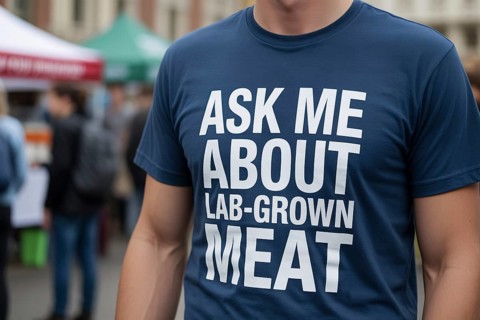 Close up of man wearing blue t-shirt with text ask me about lab grown meat at outdoor info booth.