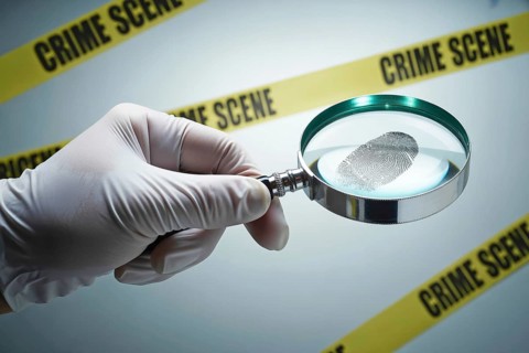 Gloved police officer's hand holding magnifying glass over clear fingerprint. Focus on forensic