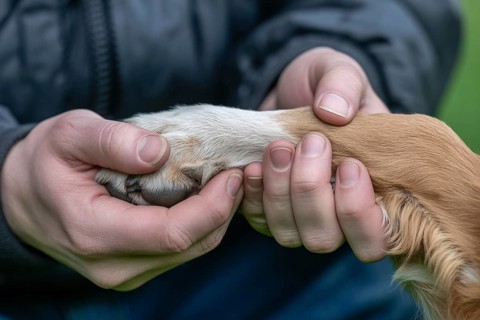 Close-up of person gently holding dog's paw. Symbol of trust, love, and the emotional bond between