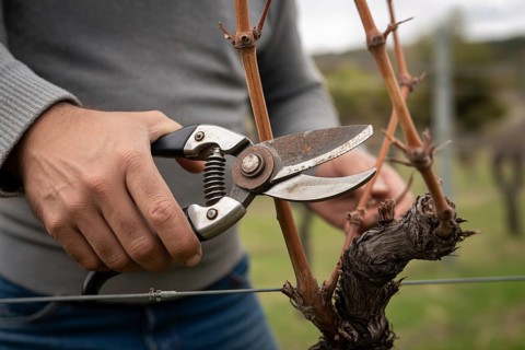 Close-up of hand using secateurs to cut grapevine. Symbol of vineyard care, pruning, and