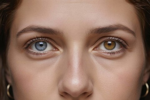 Woman's face showing heterochromia. One blue eye and one hazel eye. Generative ai, AI generated