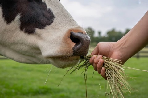 Close-up of human hand feeding cow with green grass. Symbol of animal care, connection to farming,
