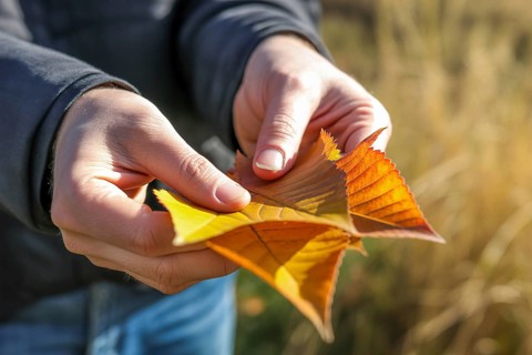 Hands holding yellow autumn leaves outdoors. Captures the beauty of fall and connection with nature
