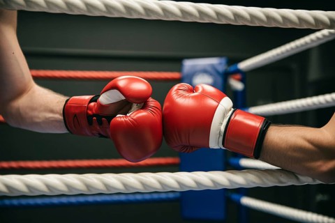 Close up of red boxer's gloved hands touching fists before a spar. Generative ai, AI generated