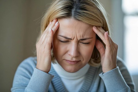 Close up of woman touching forehead in pain. Concept of headache or migraine discomfort. Generative