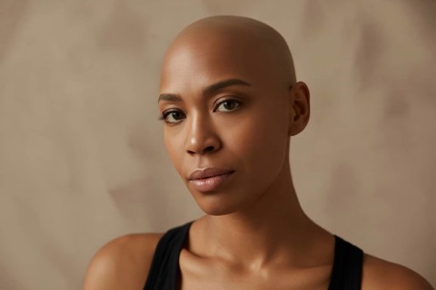 Confident young black bald woman with stylish makeup posing in studio. Beauty, self-acceptance, and