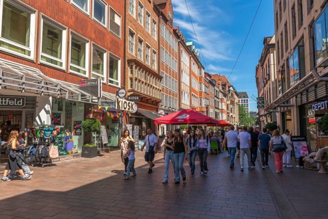 Historic Sögestrasse, pedestrian zone and shopping street, new buildings after war destruction,