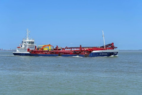 Trailing suction hopper dredger, TSHD DC Brugge by Group De Cloedt nv on the Western Scheldt,