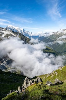 High alpine mountain landscape, mountain panorama with view over the valley of Chamonix, in the