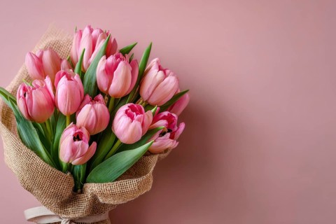 Beautiful composition spring flowers. Bouquet of pink tulips flowers on pastel pink background.