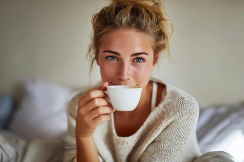 Beautiful young woman drinking tea or coffee while resting at home in comfort in cold weather, AI
