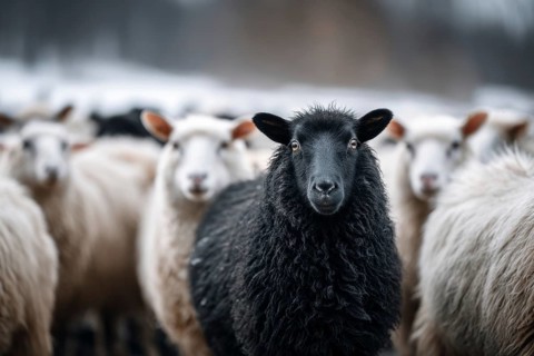 Black sheep sticking among white sheep. Black sheep in the family. Concept of a different person or