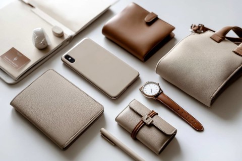 Beige and Brown Leather Accessories Flatlay. Modern business and lifestyle fashion accessories.
