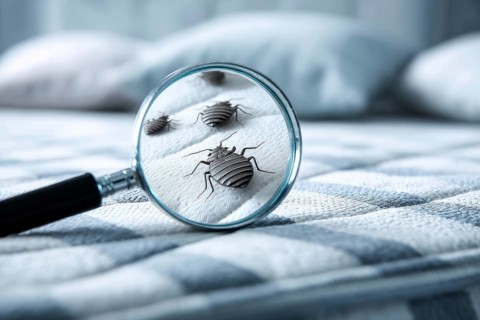 Bed bugs and dust mites concept with the magnifying glass. Allergy and old linen that contains