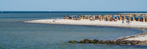 Beach chairs on the sandy beach, Laboe, Baltic seaside resort, fjord, Baltic Sea, North Frisia,