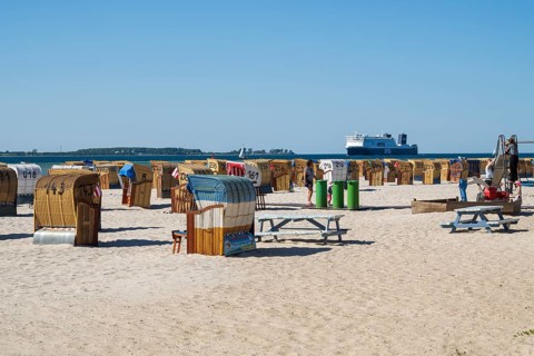 Beach chairs on sandy beach, ferry boat, Laboe, Baltic seaside resort, fjord, Baltic Sea, North