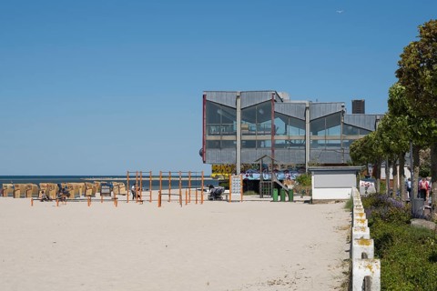 Swimming pool and beach chairs on the sandy beach, Laboe, Baltic resort, Fjord, Baltic Sea, North