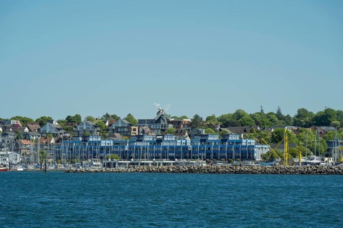View of the town with marina and windmill, Laboe, Baltic Sea resort, fjord, Baltic Sea, North