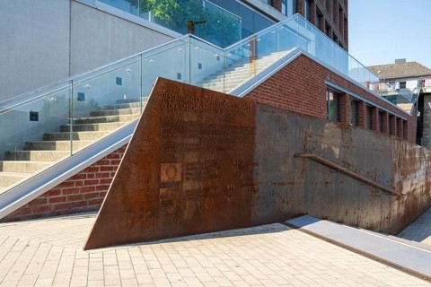 Rusty steel plate with writing, explanations, Speicherstraße, harbour, Dortmund, Ruhr area, North