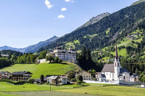 Wolfsthurn Castle and St. Pankraz Parish Church, Mareit, Ridnauntal Valley, South Tyrol, Italy