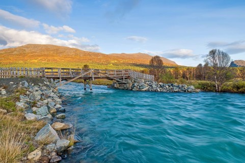 River Soja in Jotunheimen National Park, glacier river, evening light, blue sky, Gudbrandsdalen,