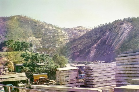 Squatter settlement huts on hillside, Pak Uk Tsai Road, New Territories, Kong Hong, Asia 1965
