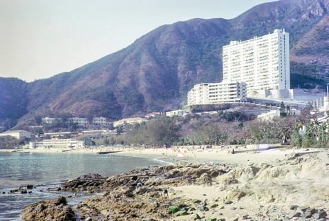 Skyscraper flats from beach in front of Repulse Bay Hotel, Repulse Bay, Hong Kong, Asia 1964