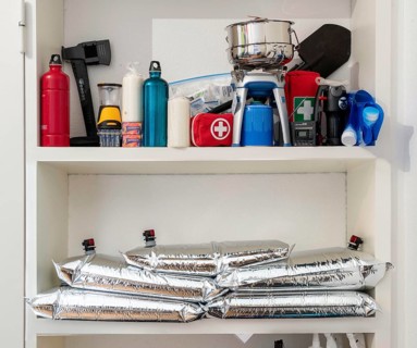 Emergency preparedness, food storage in a private household, shelf, pantry, with long-life food, 10