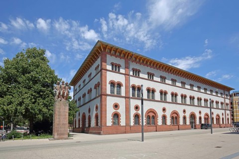 Fruchthalle built in 1846 with war memorial, building, Neo-Renaissance, Kaiserslautern,
