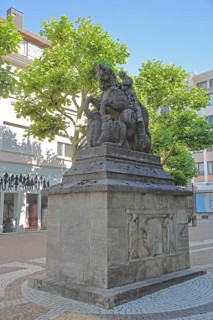 Bismarck monument with St George as dragon slayer, inscription, relief of Bismarck, equestrian