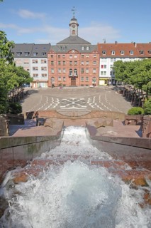 Old town hall built in 1771 and castle fountain by Gernot Rumpf 1984, water features, fountain,
