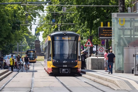 Karlsruhe city railway at Europaplatz. Trams and light rail serve the rail-bound public transport