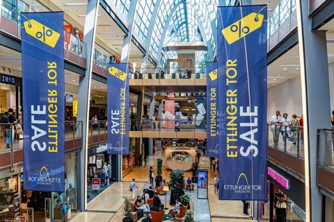 Ettlinger Tor shopping centre, ECE-Center, in Karlsruhe with around 130 retail shops. Interior view