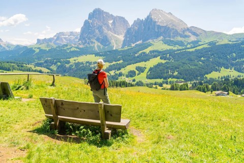 Person stands next to a bench and enjoys the view of the mountains, Alpe di Siusi, Dolomites, South