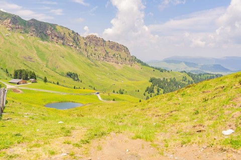 Green valley with hills and a road under a blue sky, Alpe di Siusi, Dolomites, South Tyrol, Italy