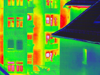 Thermal image or thermography, symbol photo, interpolated. Residential building. Stuttgart,