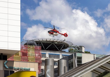 Airbus H145 rescue helicopter operated by DRF Luftrettung on approach to Stuttgart Hospital,