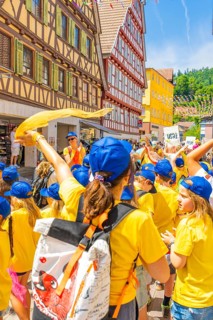 A group of children in yellow shirts and blue caps celebrates in an old town with half-timbered