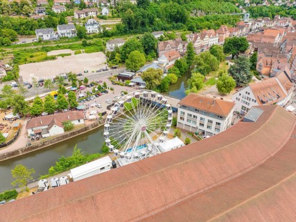 Town view with Ferris wheel and river, surrounded by buildings and green landscapes, 950 years of