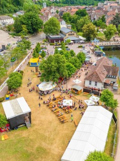 Park event with many people and tents, adjacent to a river and municipal buildings, 950 years of