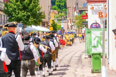 People in traditional costumes march in a sunny village street during a parade, 950 years of Calw,
