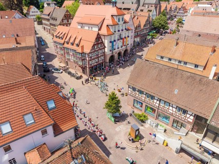 Central square in a town, surrounded by half-timbered houses and people, 950 years of Calw, Calw