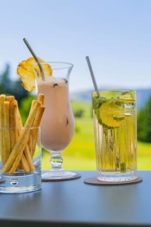 Two cocktails with decorative lemon and mint decorations in front of a summery landscape, Alpe di