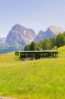 Green bus drives through green meadows in front of majestic mountains in summer, Alpe di Siusi,