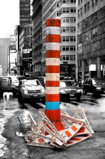 Construction site with chimney for exhaust air at an intersection, black and white, New York City,