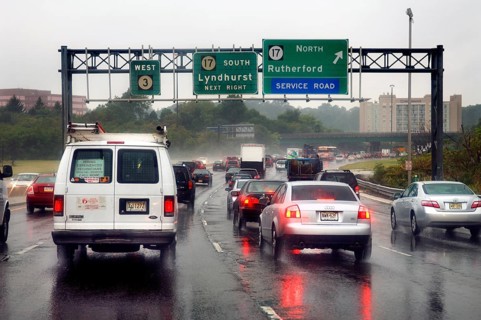 Rush hour on the motorway in the rain, New Jersey, USA