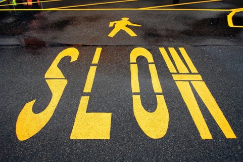 Traffic sign Slow, slow, attention pedestrians, New Jersey, USA