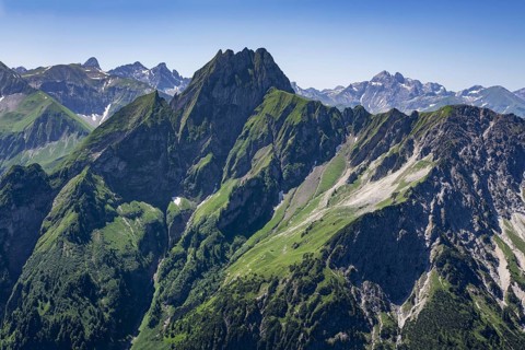 Mountain panorama from Laufbacher-Eckweg to Höfats, 2259m, Allgäu Alps, Allgäu, Bavaria, Germany